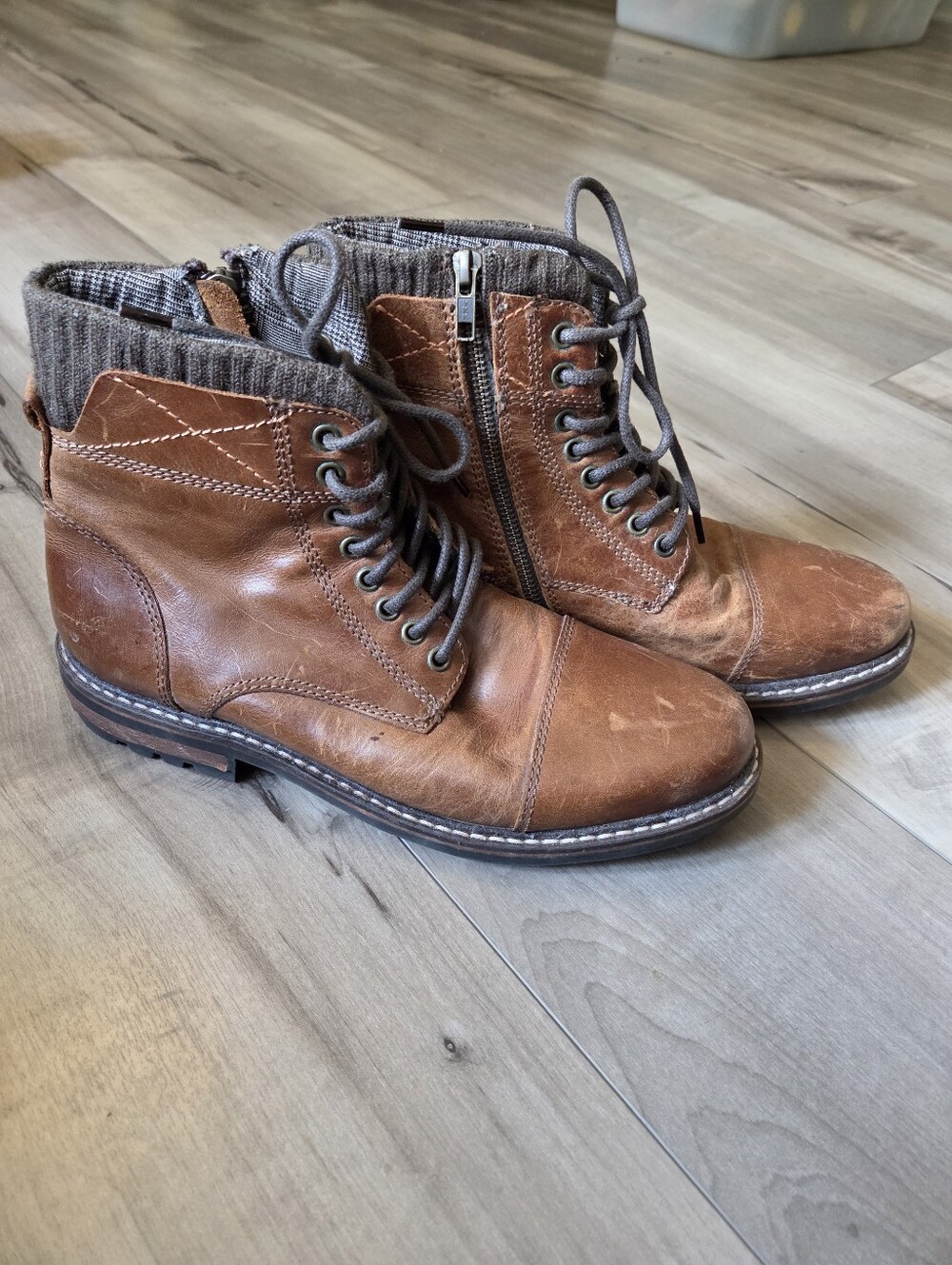 Crevo Men's Brown Leather Lace-Up Ankle Boots with Side Zip